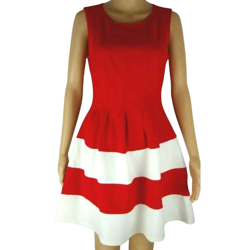 Monteau Los Angeles Red White Striped Fit Flare‎ Dress Sleeveless Pleated Medium